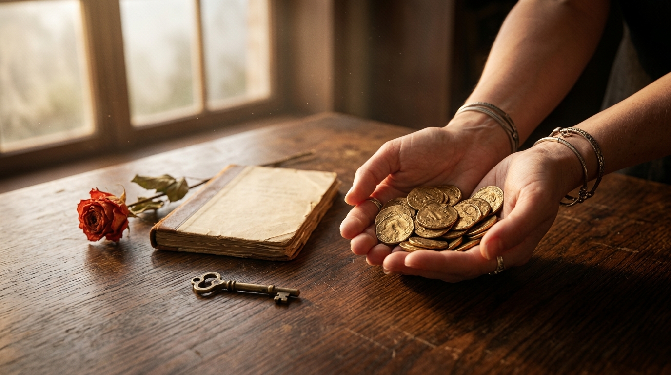 Dinero y linaje — manos abiertas con monedas doradas antiguas