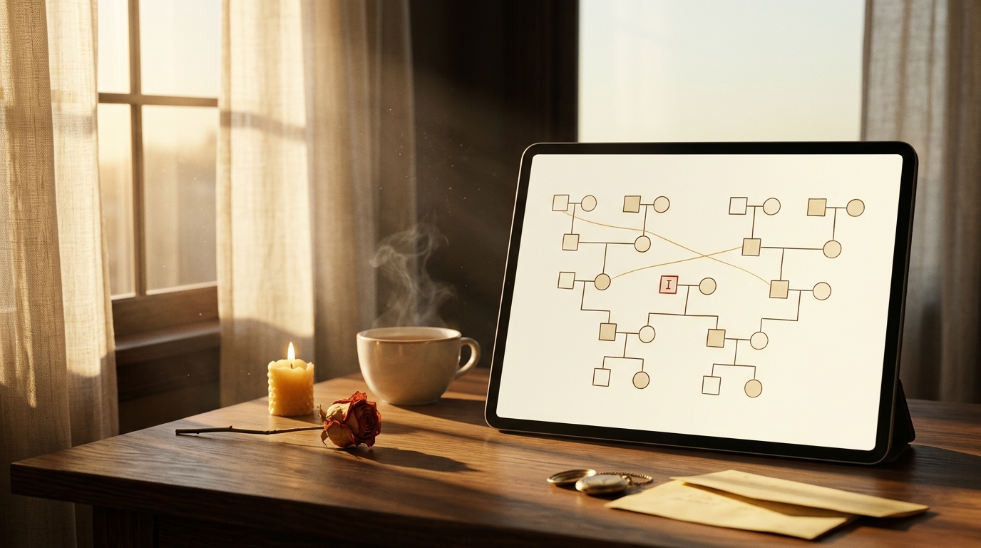 Tablet sobre escritorio de madera mostrando un genograma con cuadrados y círculos conectados por líneas, una marca roja YO en el centro, junto a vela, taza humeante y rosa vermillón — el editor interactivo de Constelando