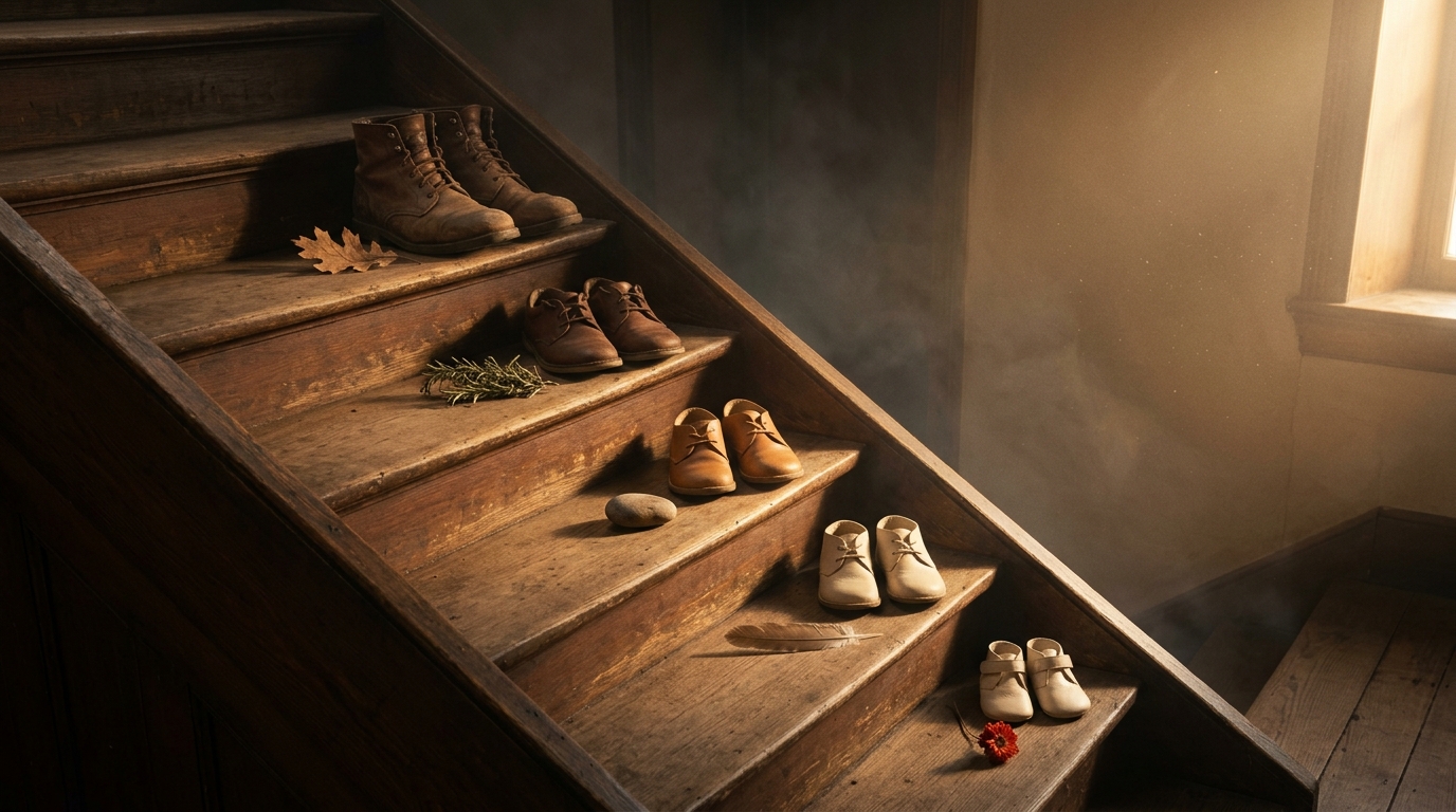Hermanos y orden — cinco pares de zapatos ordenados por tamaño en una escalera de madera