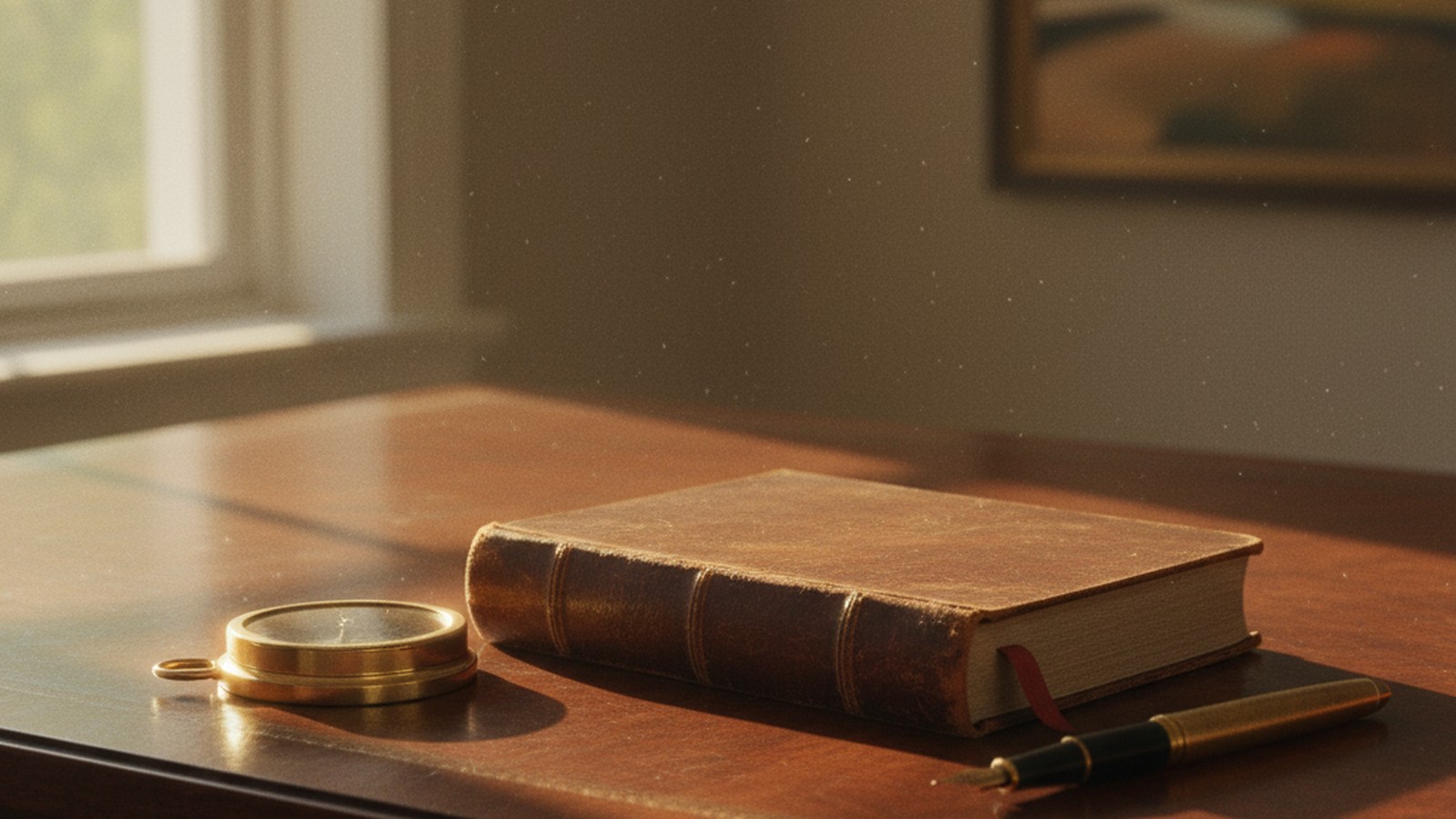 Escritorio antiguo con libro de cuero, brújula de bronce y pluma — imagen editorial sobre autoridad heredada del padre.