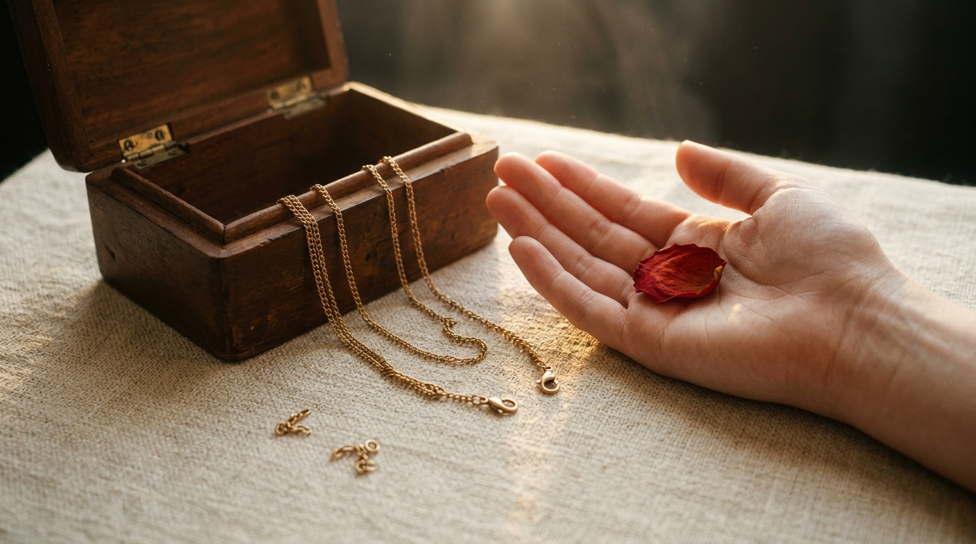 Cofre antiguo de madera con cadenas doradas saliendo abiertas sobre lino crema y una mano femenina con la palma abierta sosteniendo un petalo vermilion - el momento en que se sueltan las lealtades invisibles que bloquean la paz interior.