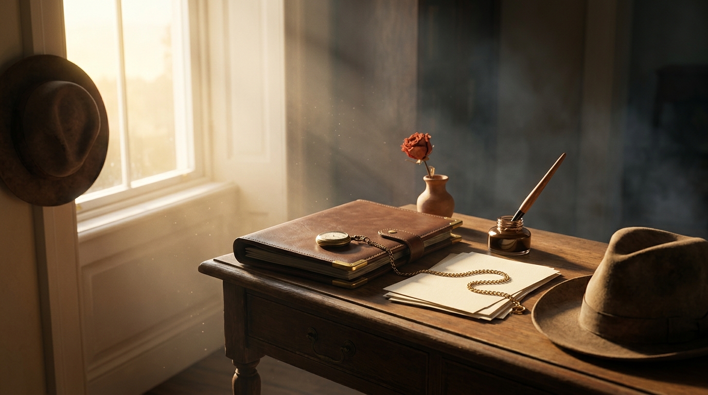 Escritorio antiguo con portafolio de cuero, reloj de bolsillo, pluma estilografica, sombrero de fieltro del padre y cadena dorada que conecta el reloj con el sombrero - lealtades invisibles moldeando la carrera.
