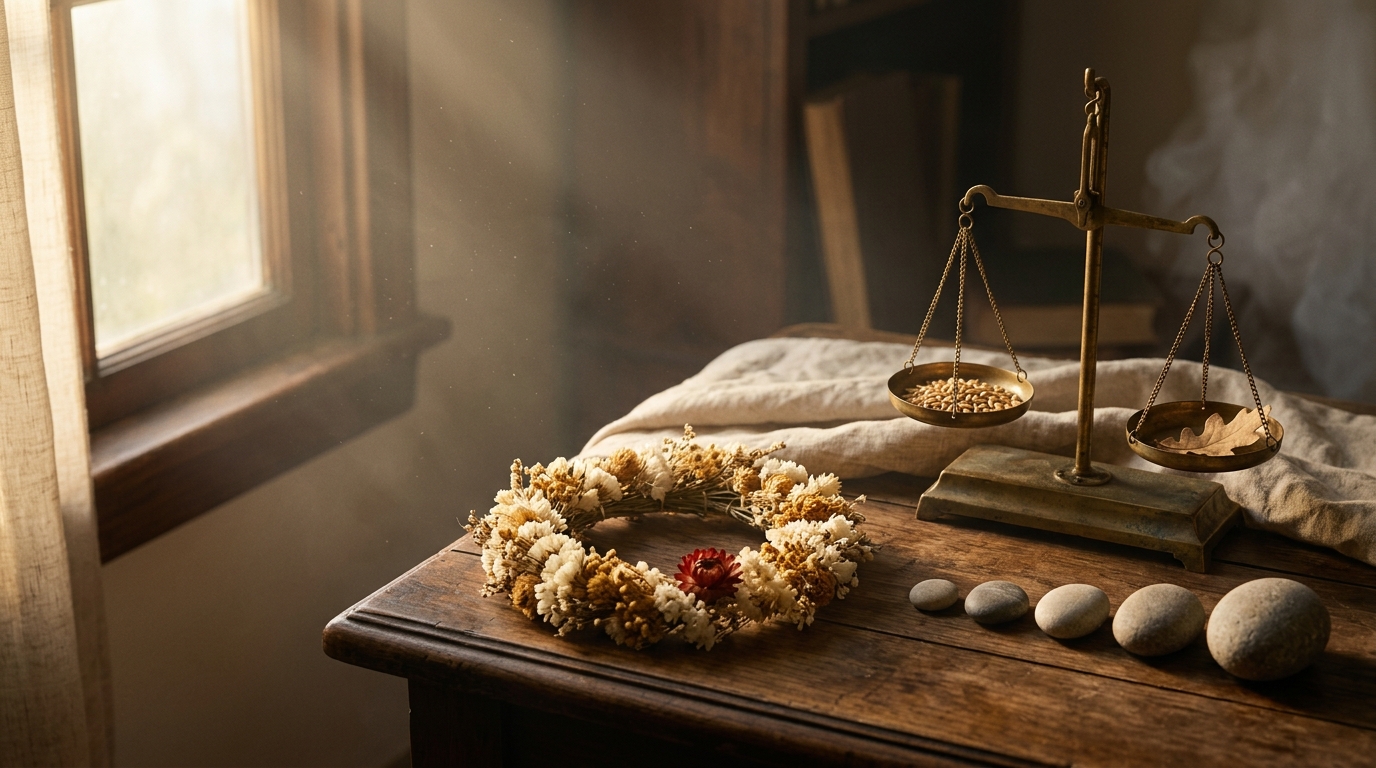Tres leyes sistémicas de Hellinger — corona de flores, piedras alineadas y balanza de bronce