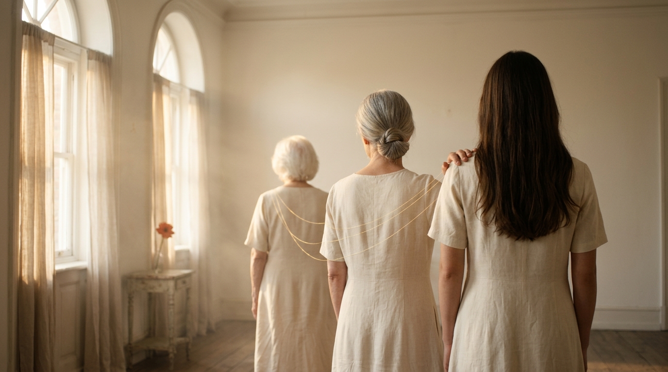Memoria matrilineal — tres generaciones de mujeres conectadas por hilos dorados de linaje
