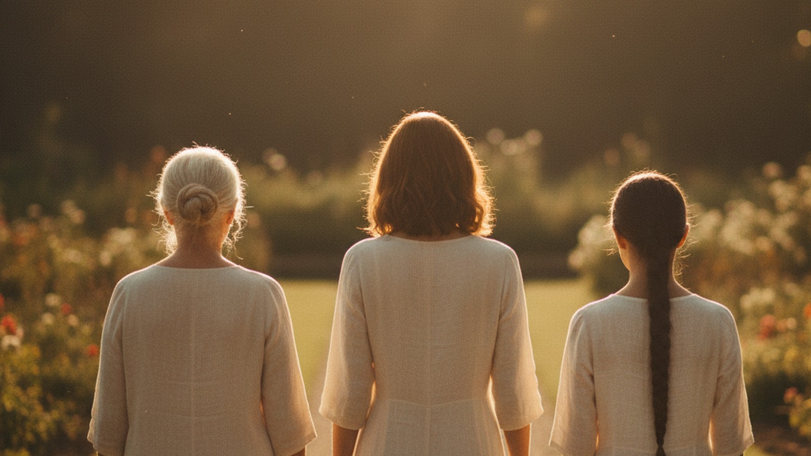 Memoria matrilineal — tres generaciones de mujeres conectadas por hilos dorados de linaje