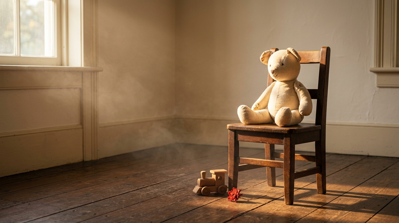 Niño interior — pequeña silla con osito de tela en una habitación con luz dorada