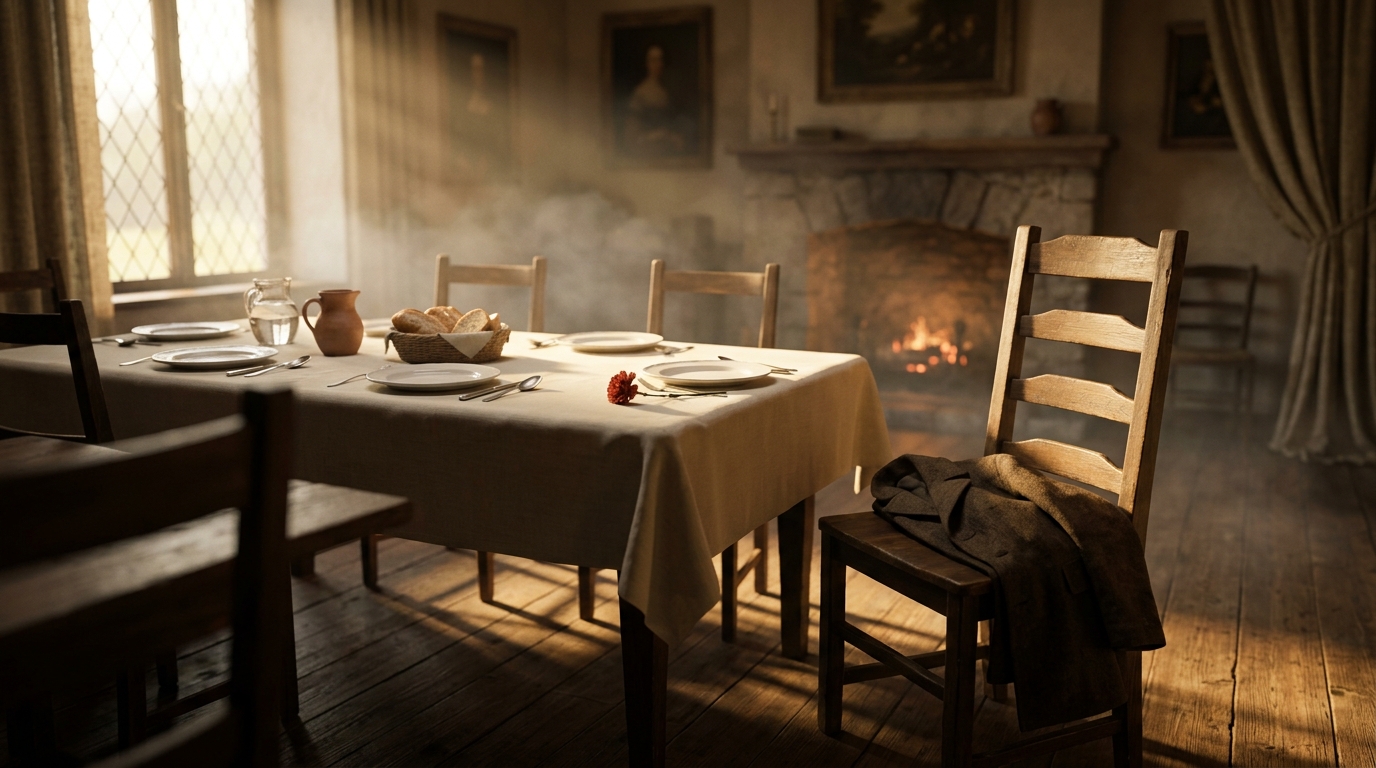 Padre ausente — mesa con asiento principal vacío y abrigo de hombre doblado