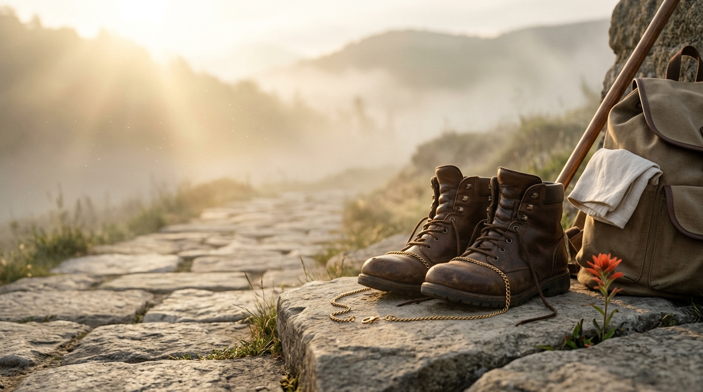 Botas de senderismo de cuero al borde de un camino de piedra al amanecer, con una cadena dorada de broche abierto y una flor vermilion brotando de la piedra - primeros pasos para liberarte del sufrimiento paterno.
