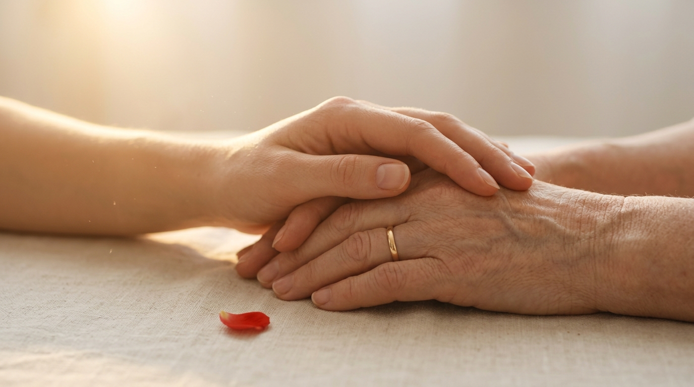 Reconciliación con la madre — manos de dos generaciones entrelazadas con luz dorada