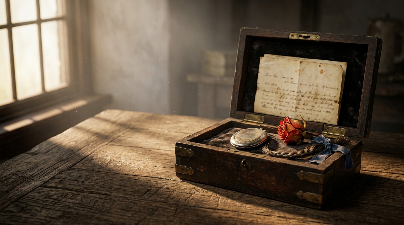 El secreto familiar — caja de joyería antigua con carta amarillenta y rosa seca