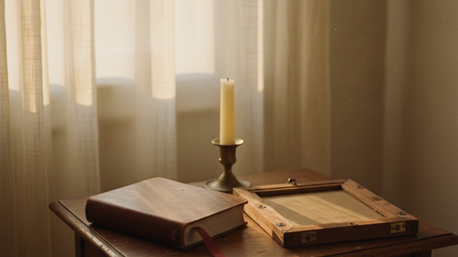 Fotografía familiar enmarcada vuelta hacia el escritorio, junto a un diario cerrado y una vela apagada — representación del silencio familiar generacional.