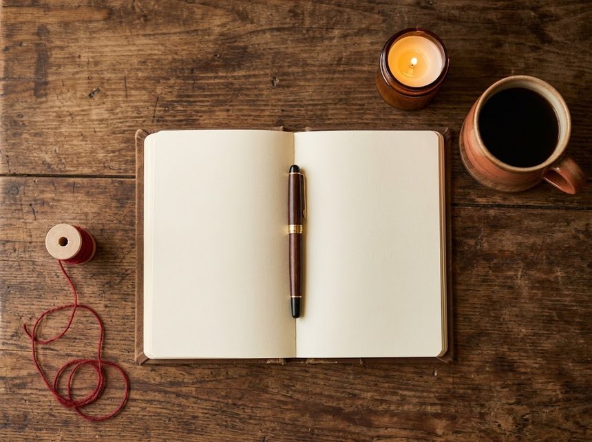 Cuaderno abierto con una pluma, una vela encendida, una taza y un carrete de hilo rojo sobre una mesa de madera