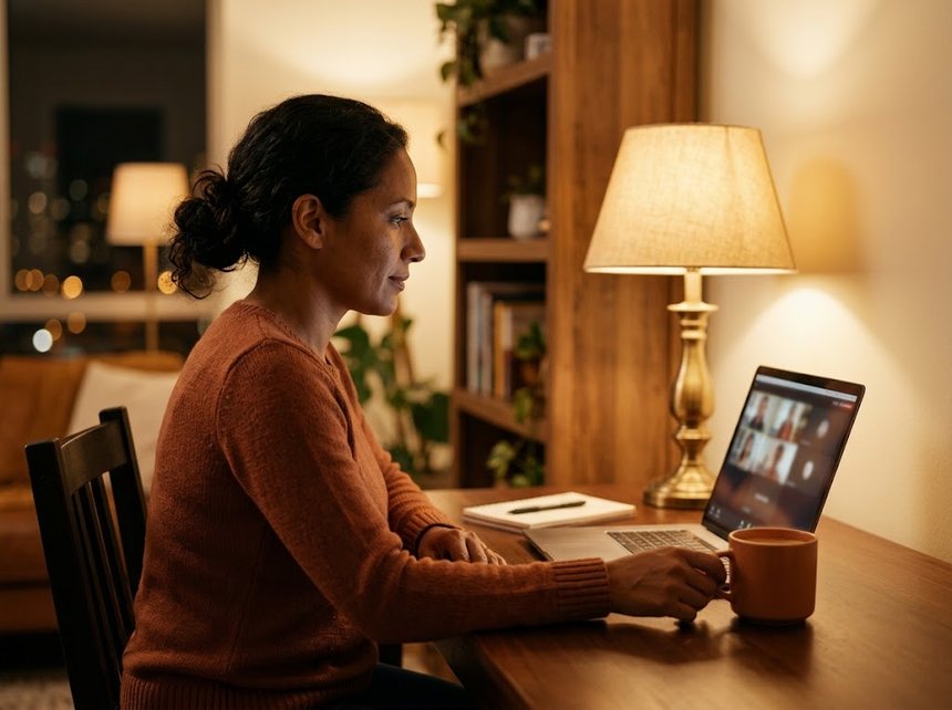 Una mujer sigue el encuentro del círculo desde su casa, de noche, frente a su computador con una lámpara cálida