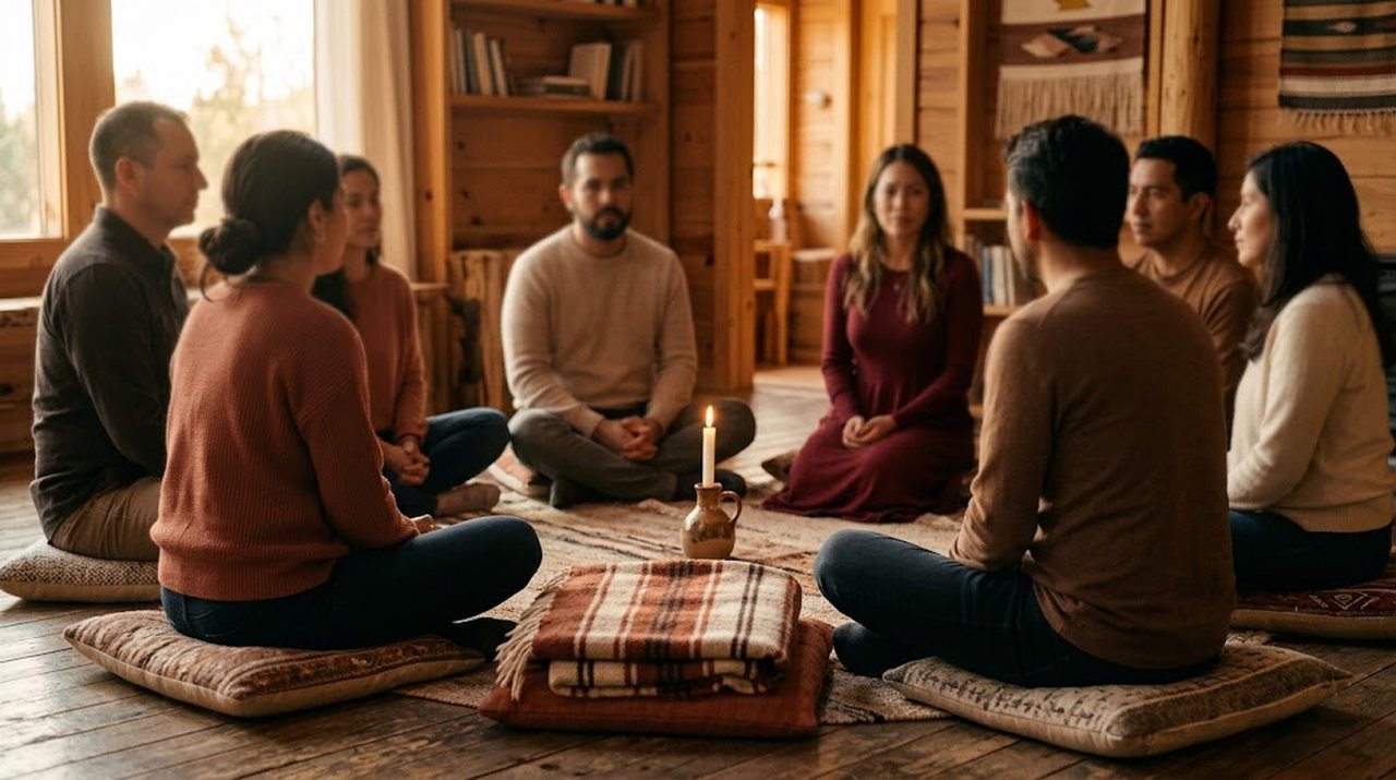 Un grupo pequeño de personas sentadas en círculo sobre cojines, en una sala de madera con una vela encendida en el centro
