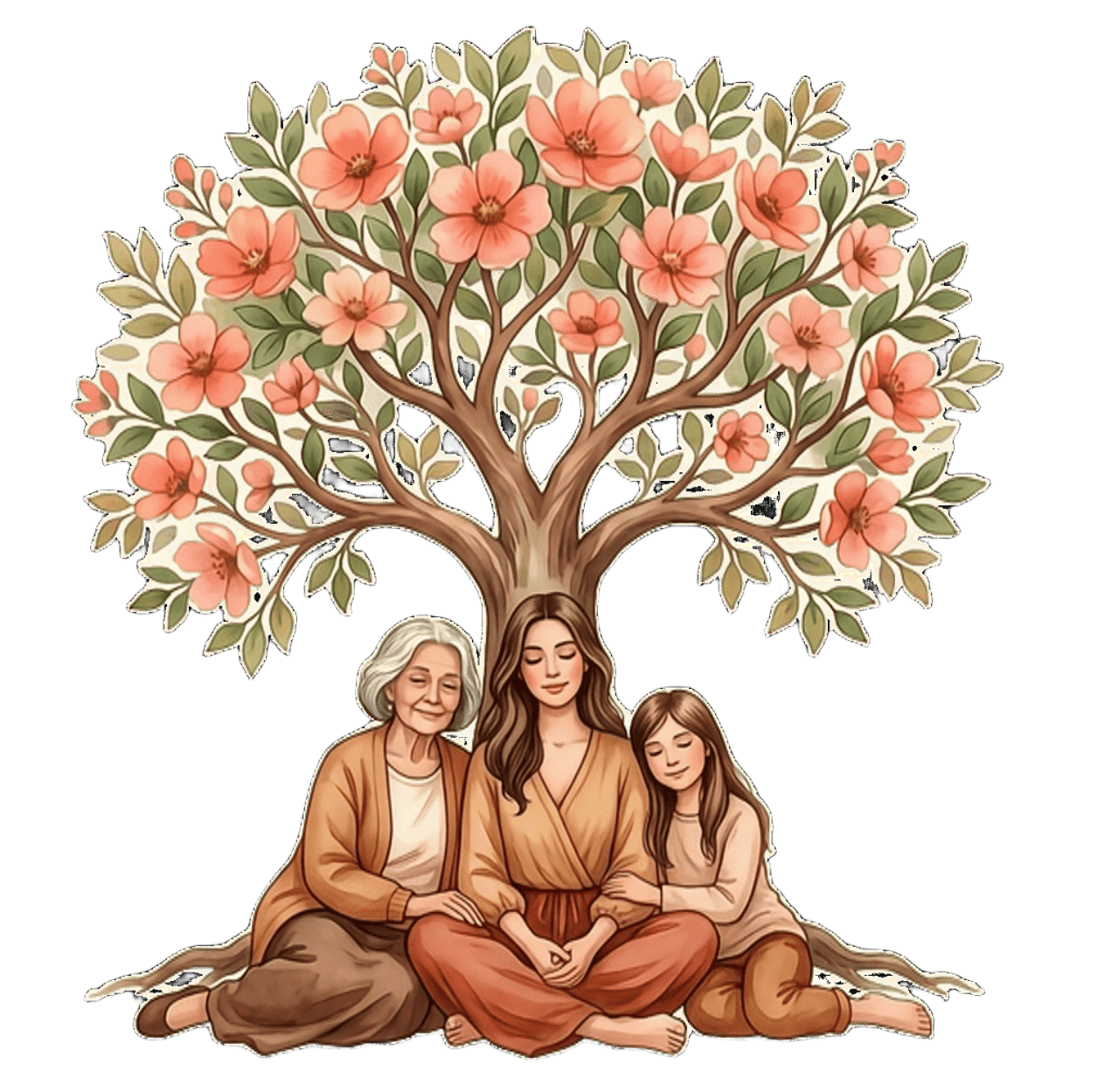 Tres mujeres bajo árbol genealógico florecido