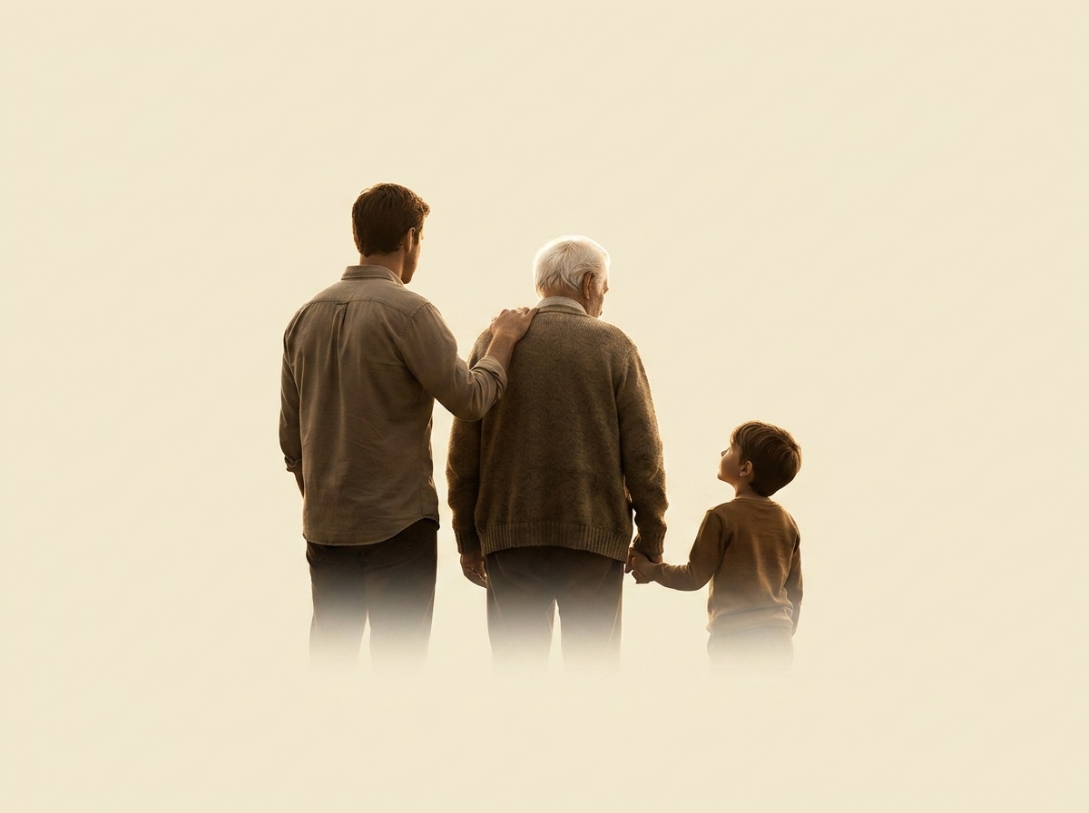 Un hombre con la mano en el hombro de su padre anciano, y su hijo pequeño tomándole la mano al abuelo