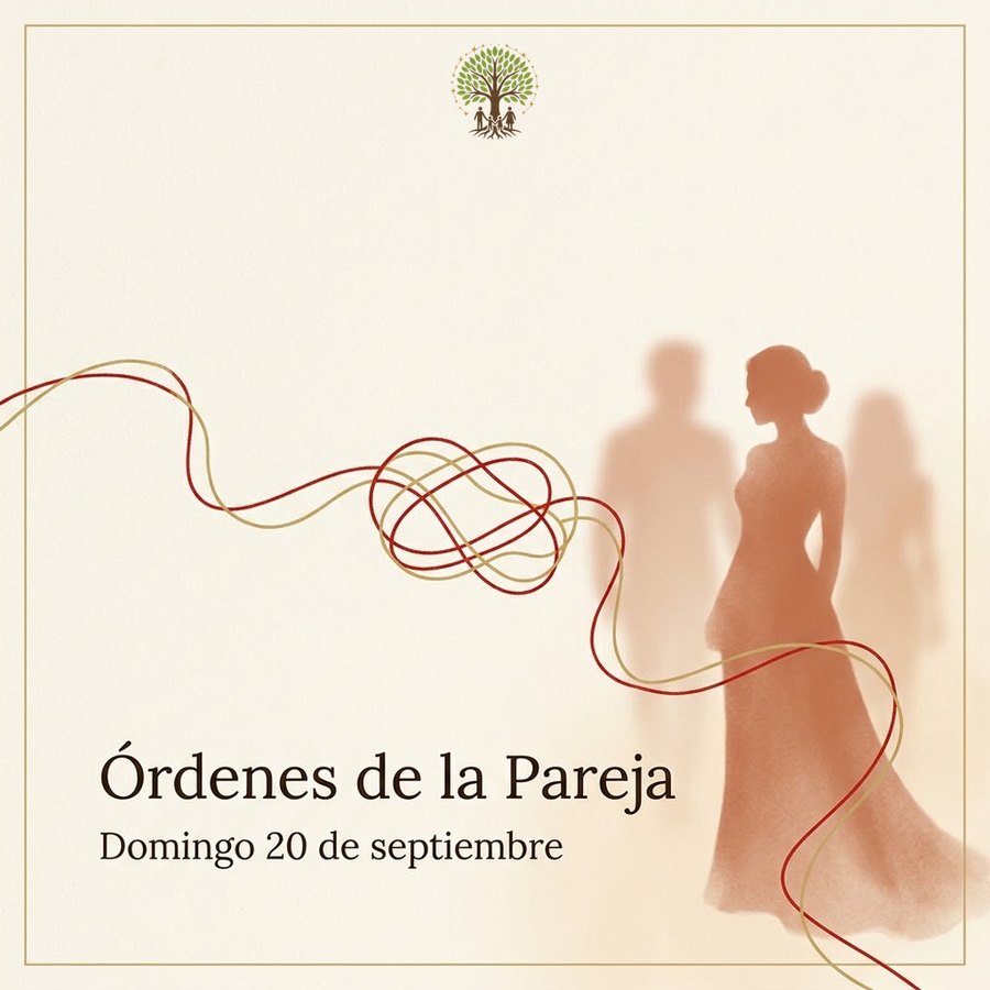 Taller Órdenes de la Pareja — la silueta de una mujer unida por un hilo rojo y dorado con un nudo a otras siluetas